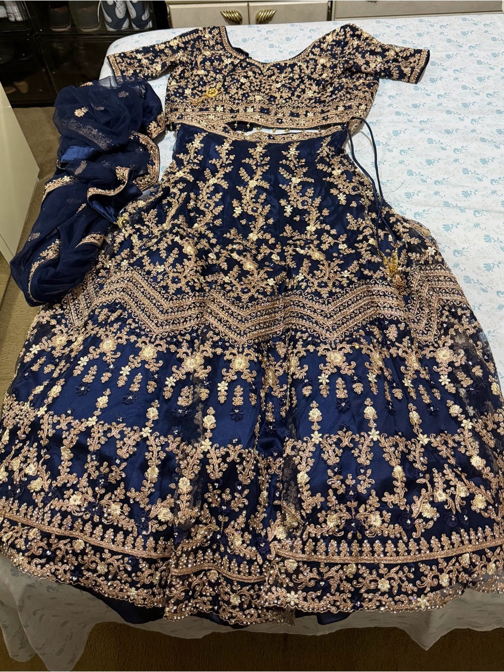 Navy Blue Embroidered Women’s Lehenga Dress with Gold Accents